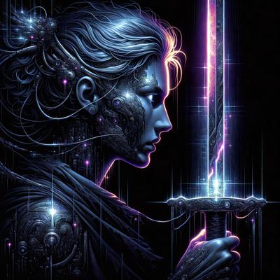 The primary subject of the image is a woman holding a sword. She is wearing a black outfit and has a purple hue to her. The setting is a dark background, which adds to the overall mood of the image. The visual style is a digital art or illustration, showcasing the woman's features and the sword she is holding. The colors and mood of the image are dramatic and intense, with the woman's purple hue and the dark background creating a striking contrast.